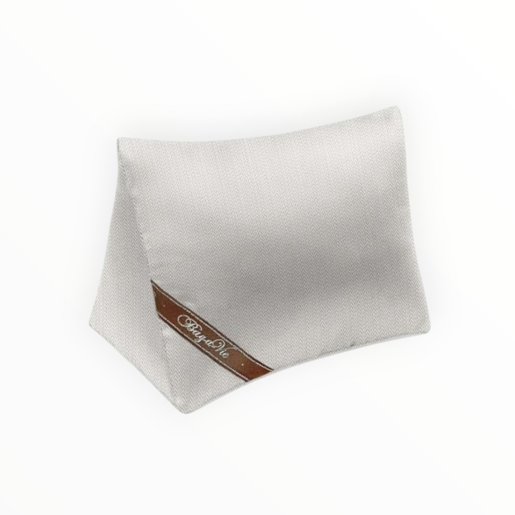 Bag-a-Vie herringbone purse shaper pillow for Hermes Birkin 30 in light grey fabric with branded ribbon detail