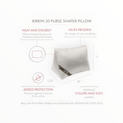Bag-a-Vie herringbone purse shaper pillow for Hermes Birkin 30 with moisture-absorbing fabric and dimensions.