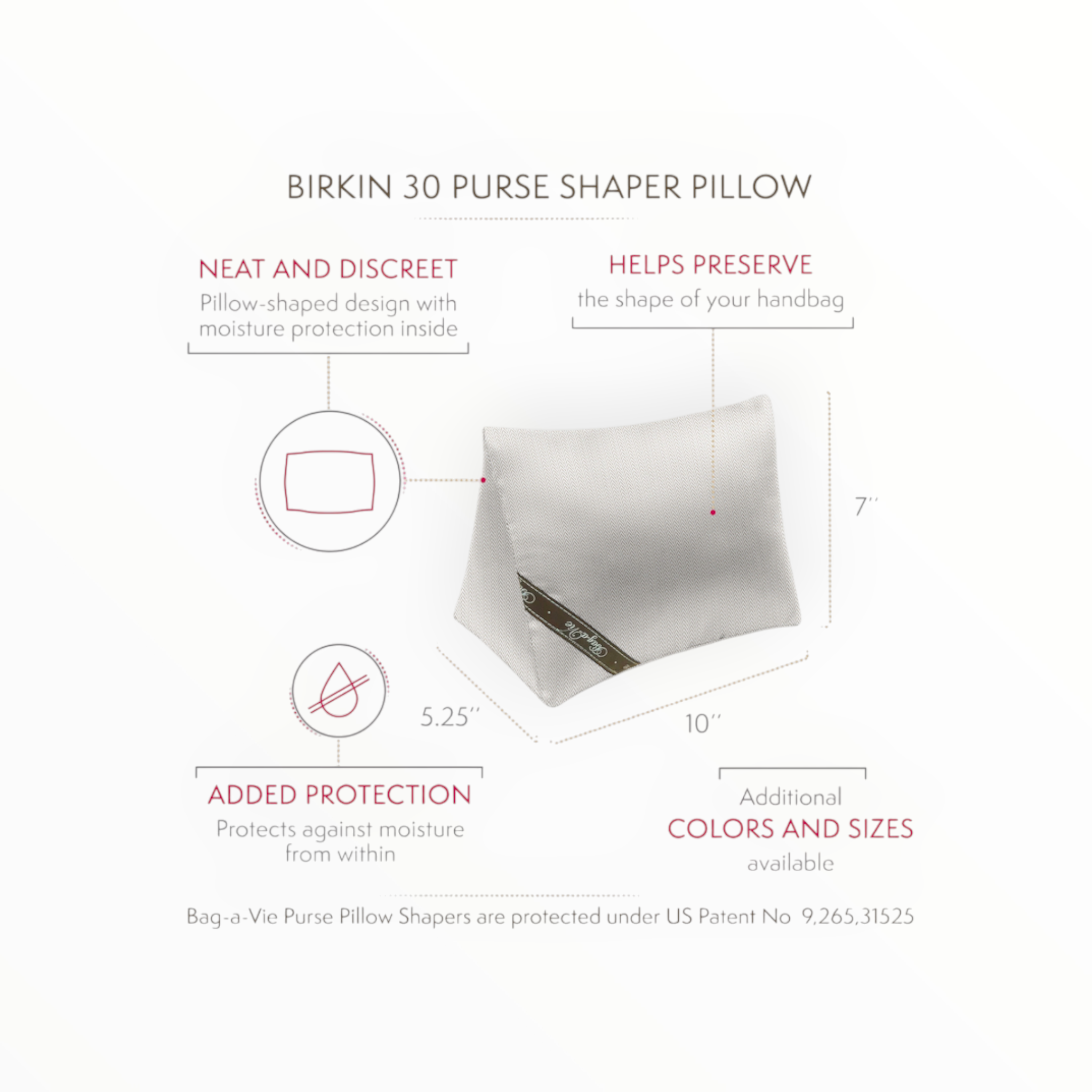 Bag-a-Vie herringbone purse shaper pillow for Hermes Birkin 30 with moisture-absorbing fabric and dimensions.