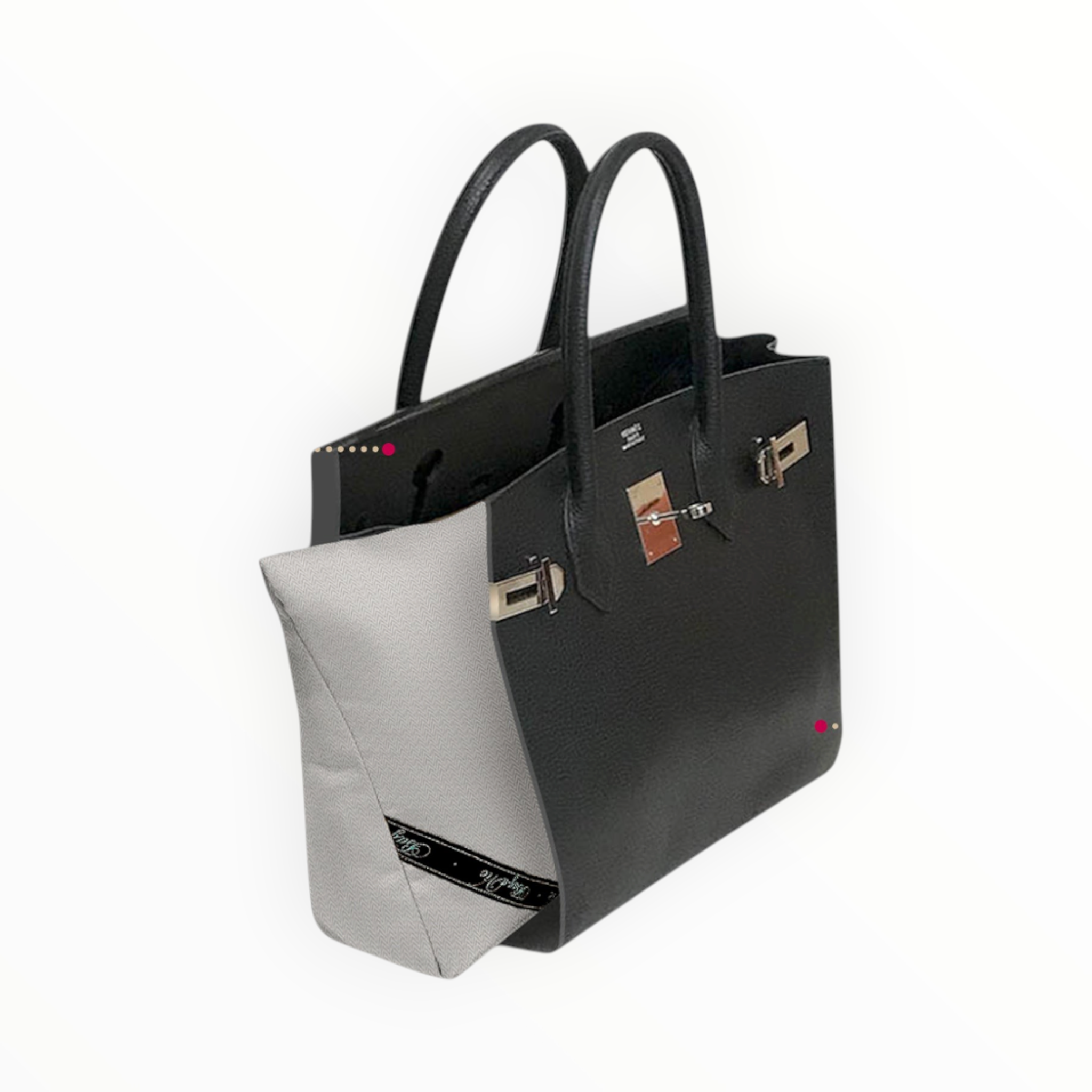Bag-a-Vie herringbone purse shaper pillow inside a black leather Birkin 30 handbag for shape preservation