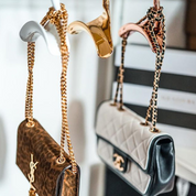 Bag-a-Vie gold metal handbag hangers holding luxury designer purses in a closet for organized storage