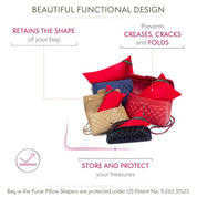 Bag-a-Vie Classic 4 Pack handbag storage pillow shapers in red, shown inside various luxury quilted purses for support.