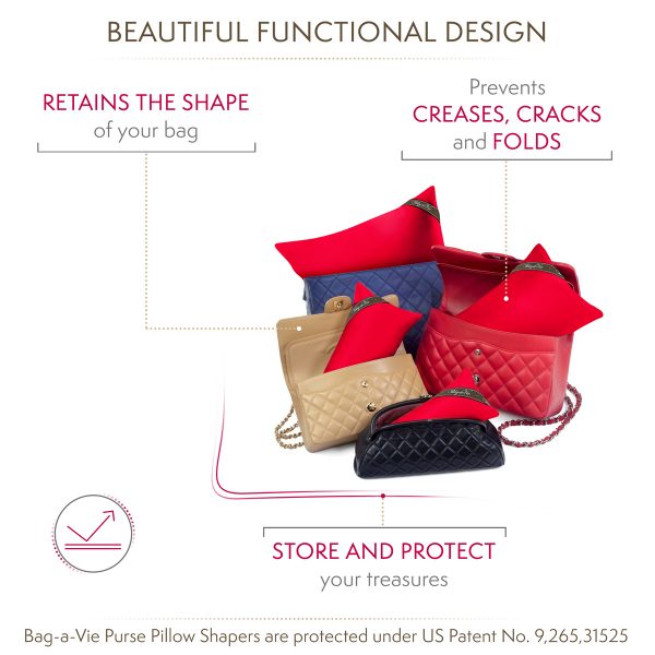 Bag-a-Vie Classic 4 Pack handbag storage pillow shapers in red, shown inside various luxury quilted purses for support.
