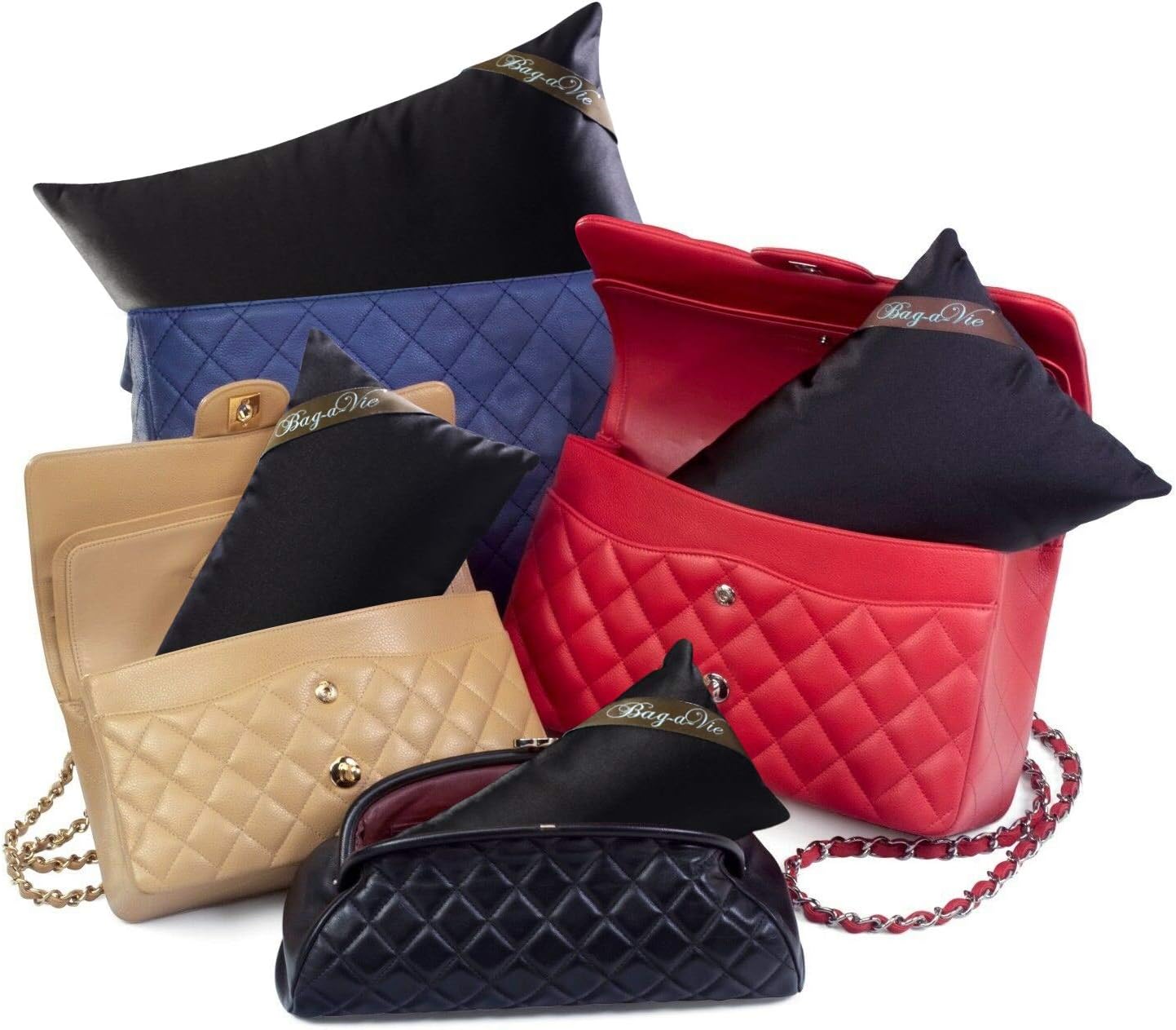 Bag-a-Vie Classic 4 Pack handbag storage pillow shapers in various sizes inside quilted luxury purses