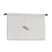 Bag-a-Vie natural herringbone canvas handbag dustbag with a drawstring closure and brown brand logo