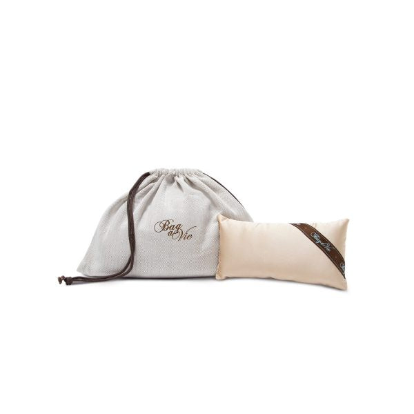 Bag-a-Vie natural herringbone canvas dustbag with a matching beige purse pillow handbag shaper for luxury storage