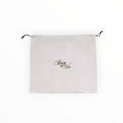 Bag-a-Vie natural herringbone canvas handbag dustbag with a drawstring closure and brown brand logo