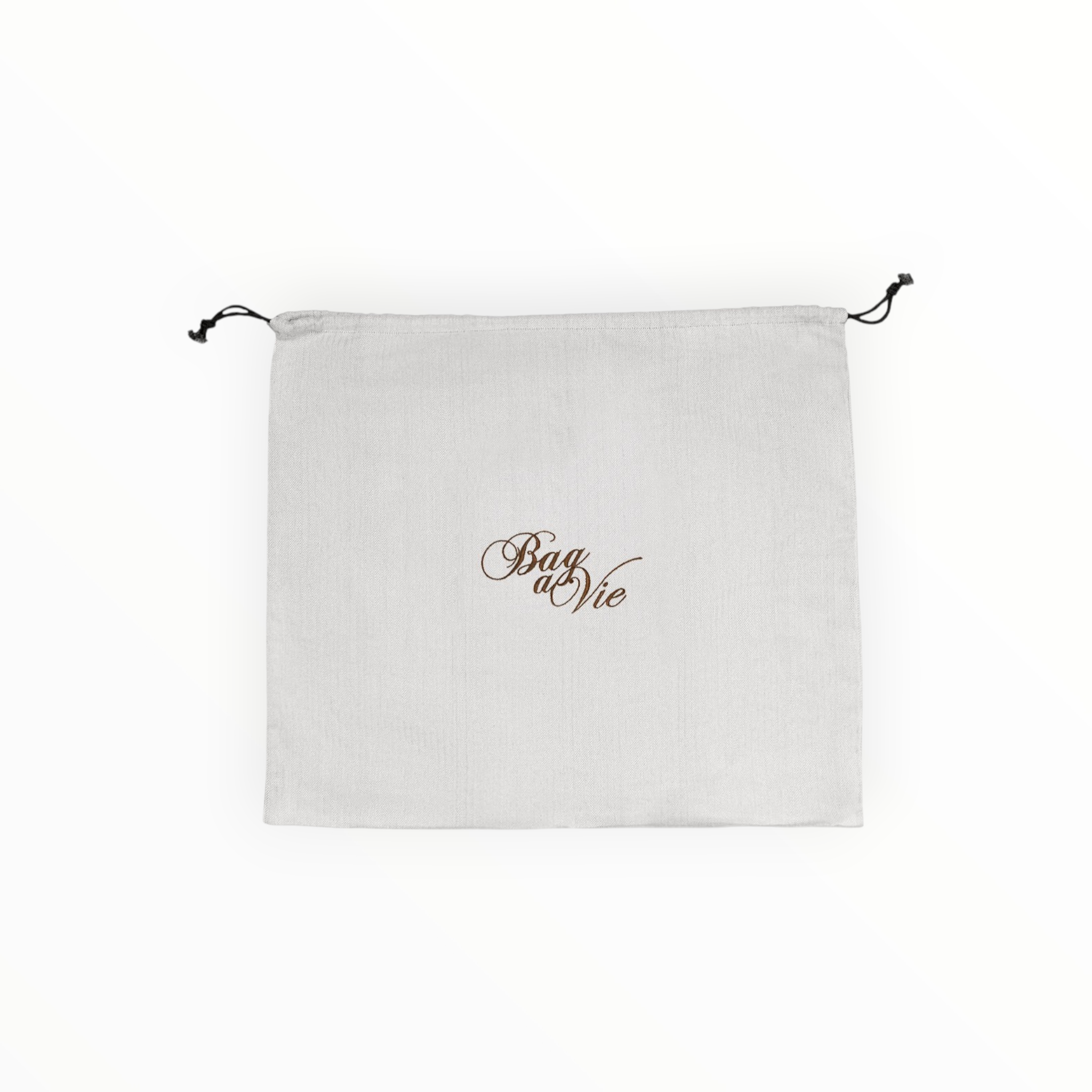 Bag-a-Vie natural herringbone canvas handbag dustbag with a drawstring closure and brown brand logo