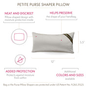 Bag-a-Vie petite herringbone purse shaper pillow with moisture-absorbing properties and dimensions for handbag storage