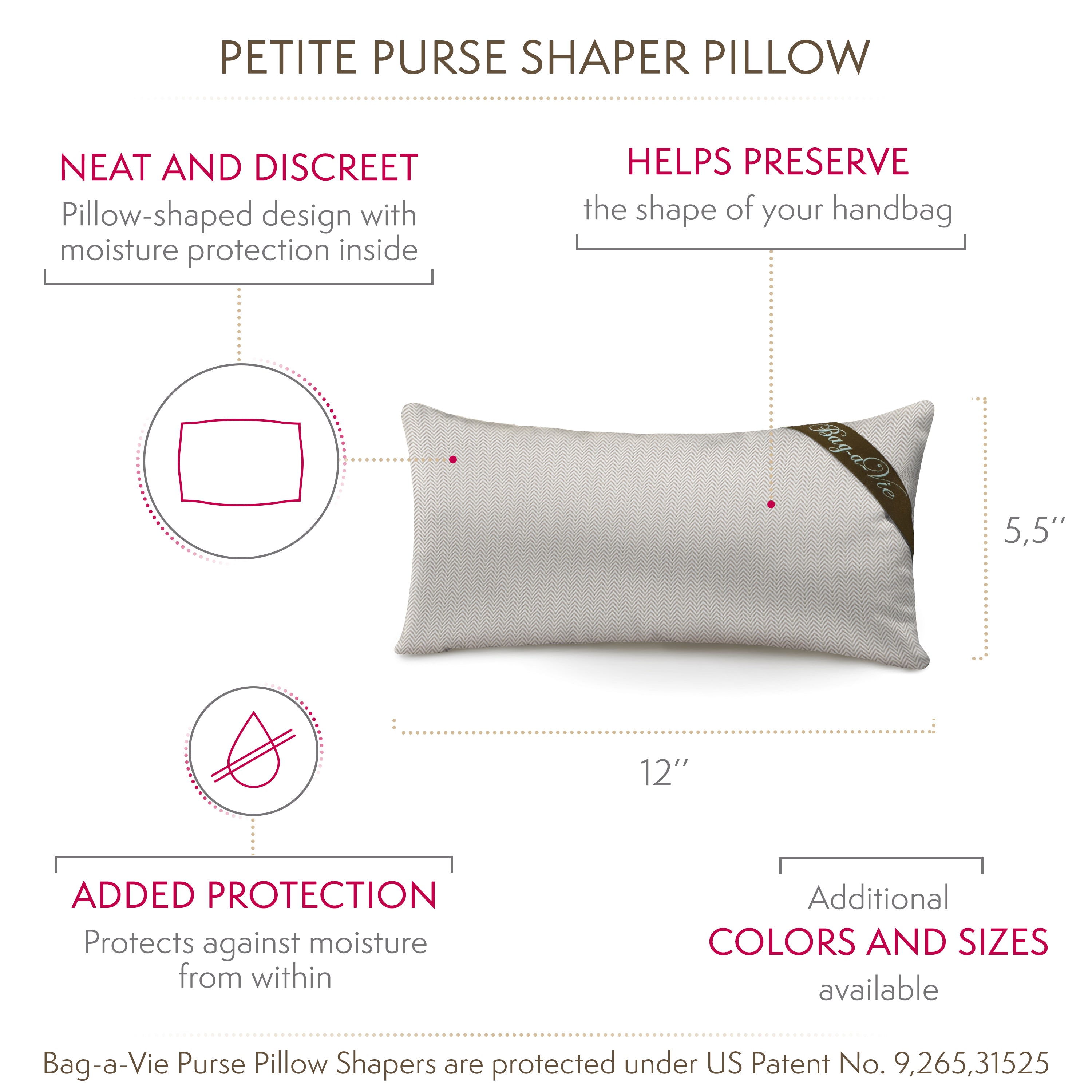 Bag-a-Vie petite herringbone purse shaper pillow with moisture-absorbing properties and dimensions for handbag storage