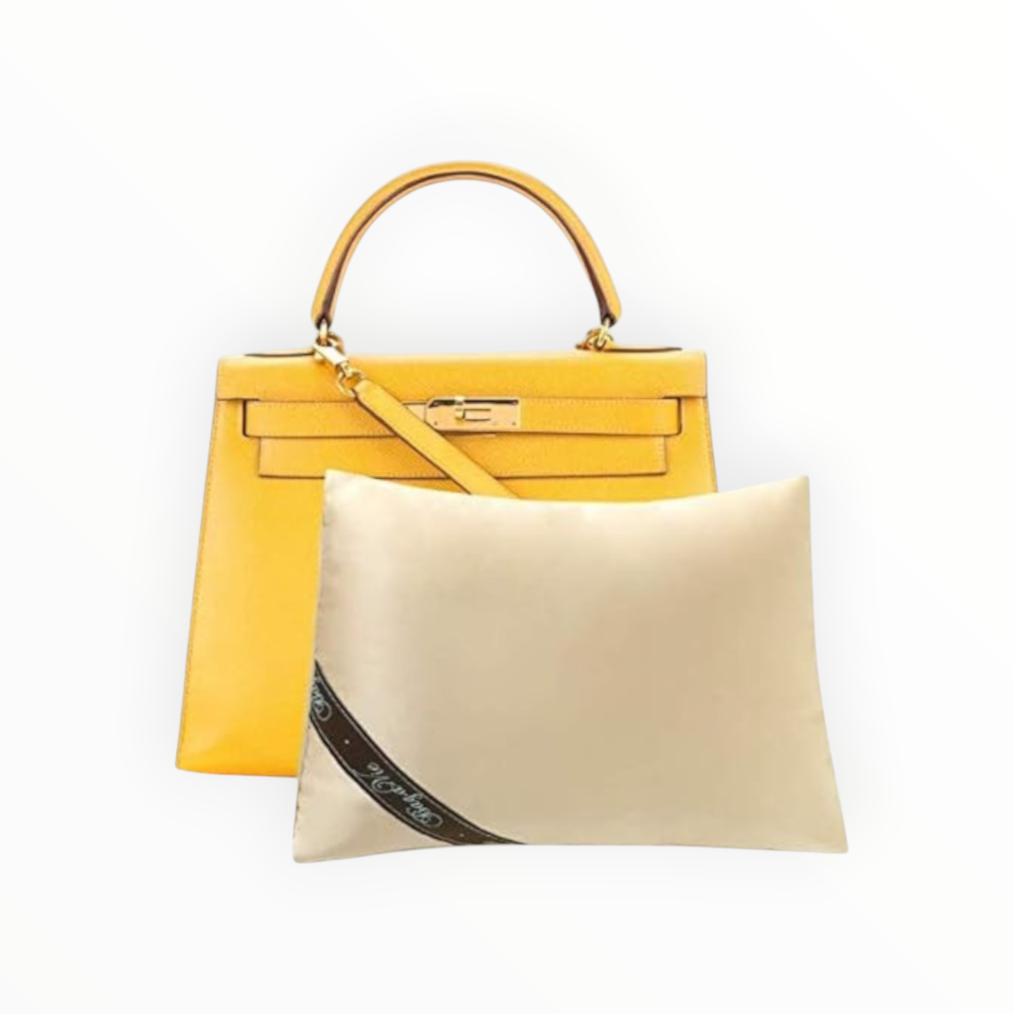 Bag-a-Vie cream satin purse shaper pillow for a yellow Hermes Kelly 28 handbag to maintain shape and absorb moisture.