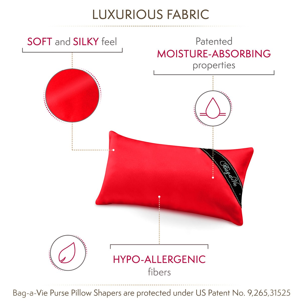 Bag-a-Vie red mini handbag storage pillow shaper with moisture-absorbing properties and hypoallergenic fibers