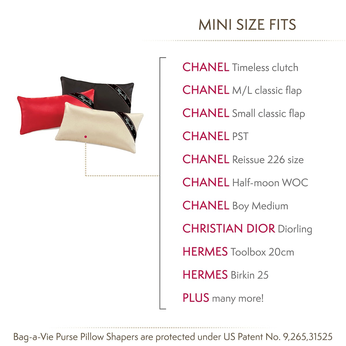 Bag-a-Vie mini handbag storage pillow shapers in red, black, and beige with moisture-absorbing fabric for purse care.