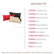 Bag-a-Vie mini handbag storage pillow shapers in red, black, and beige with moisture-absorbing fabric for purse care.
