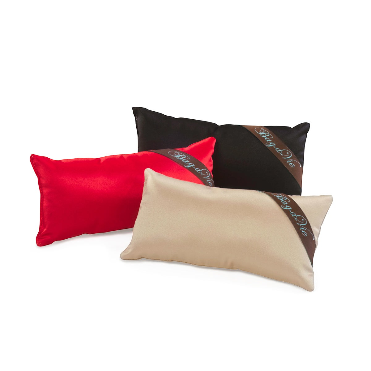 Bag-a-Vie classic mini handbag storage pillows in black, red, and beige satin with moisture-absorbing properties