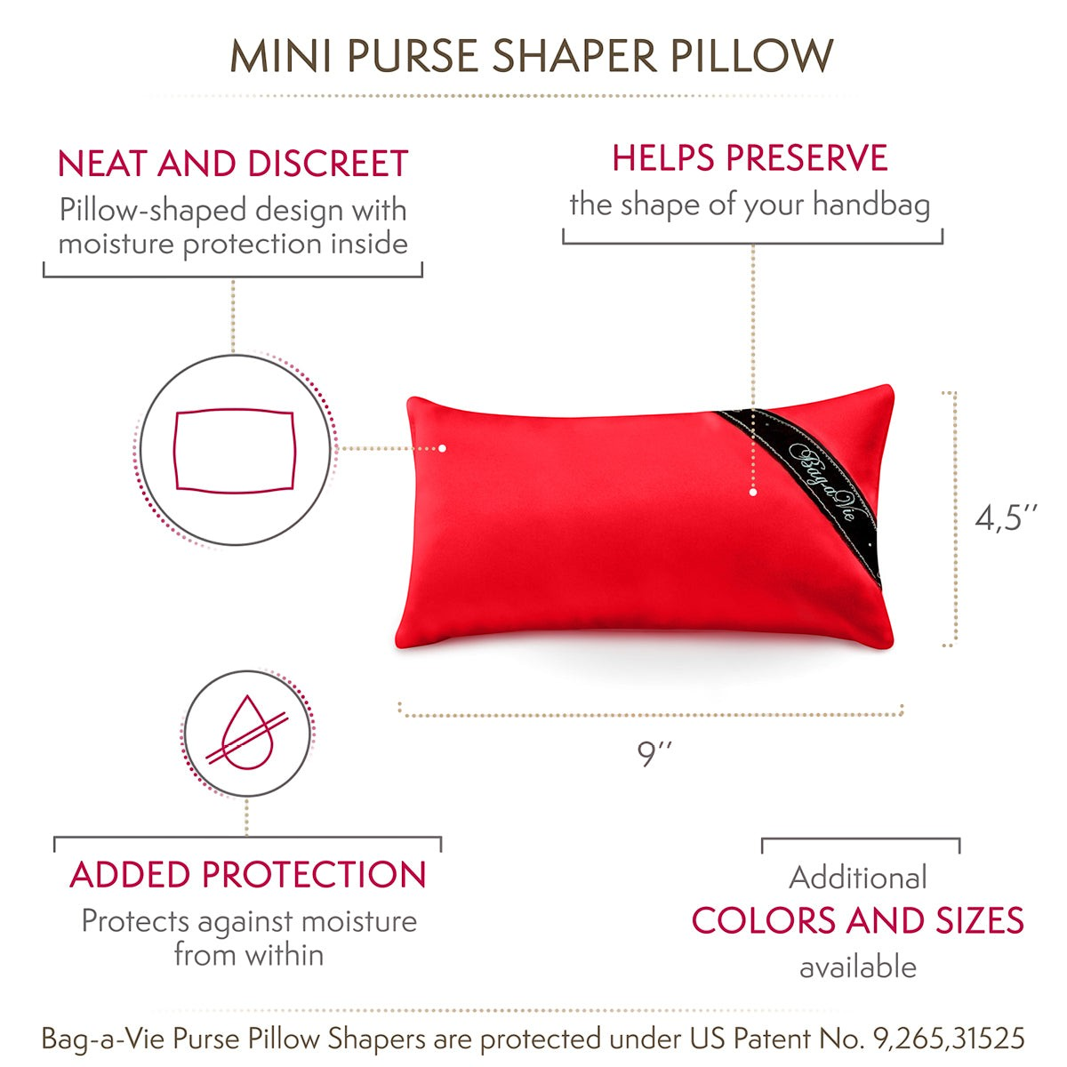 Bag-a-Vie mini purse shaper pillow in red with moisture-absorbing properties to maintain handbag shape.