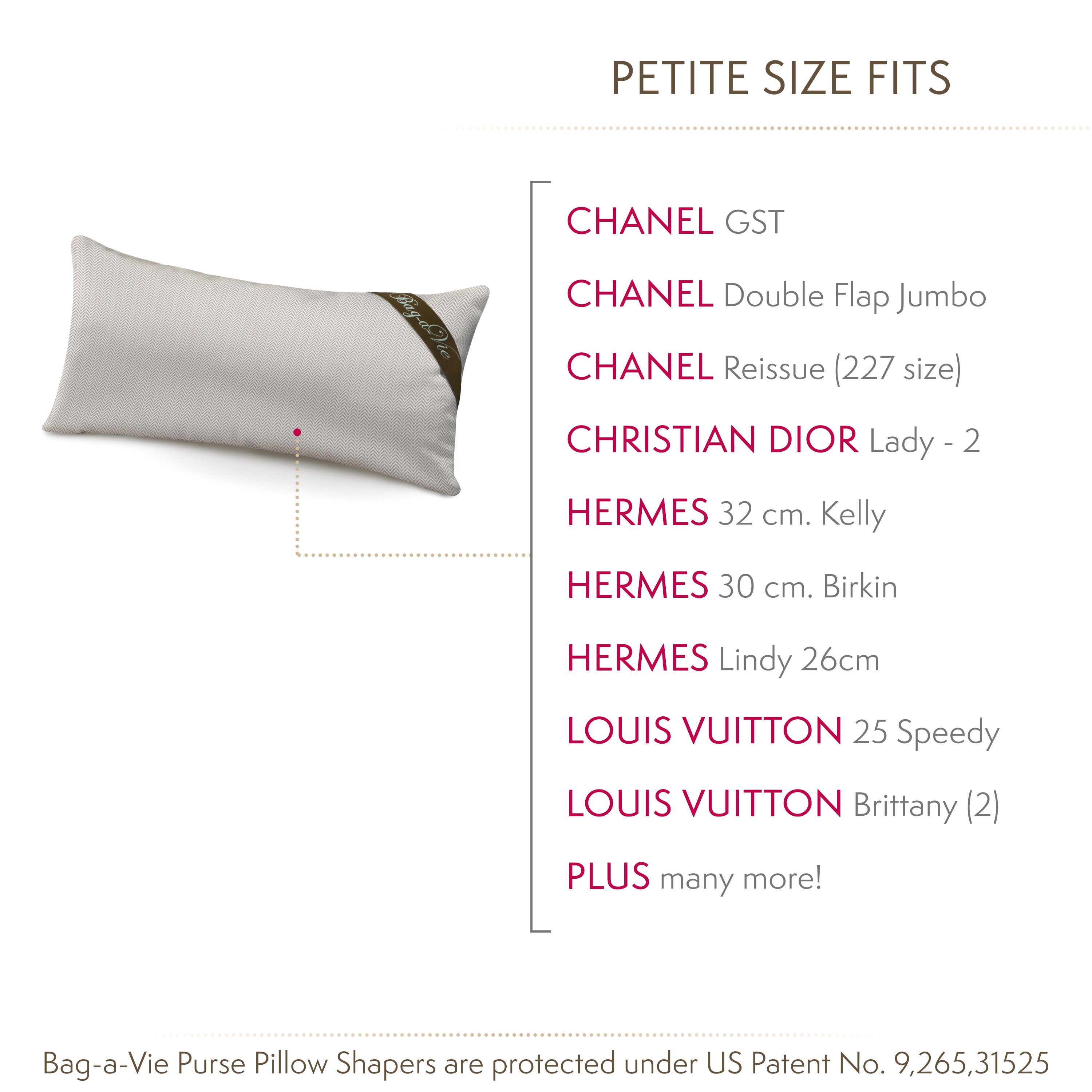 Bag-a-Vie classic petite herringbone handbag storage pillow shaper for maintaining purse shape and absorbing moisture.