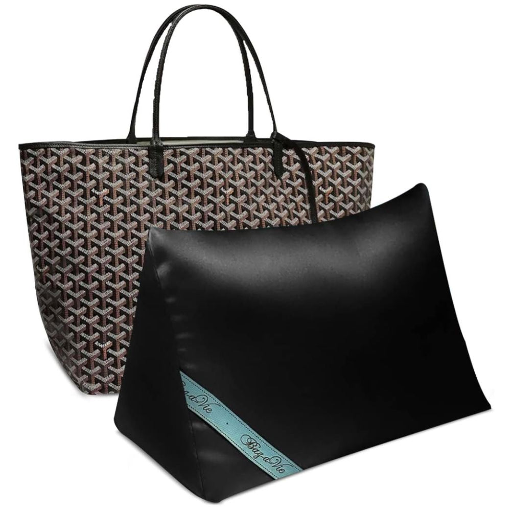 Bag-a-Vie black satin purse shaper pillow insert next to a patterned designer tote bag for storage and shape support