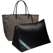 Bag-a-Vie black satin purse shaper pillow insert next to a patterned designer tote bag for storage and shape support