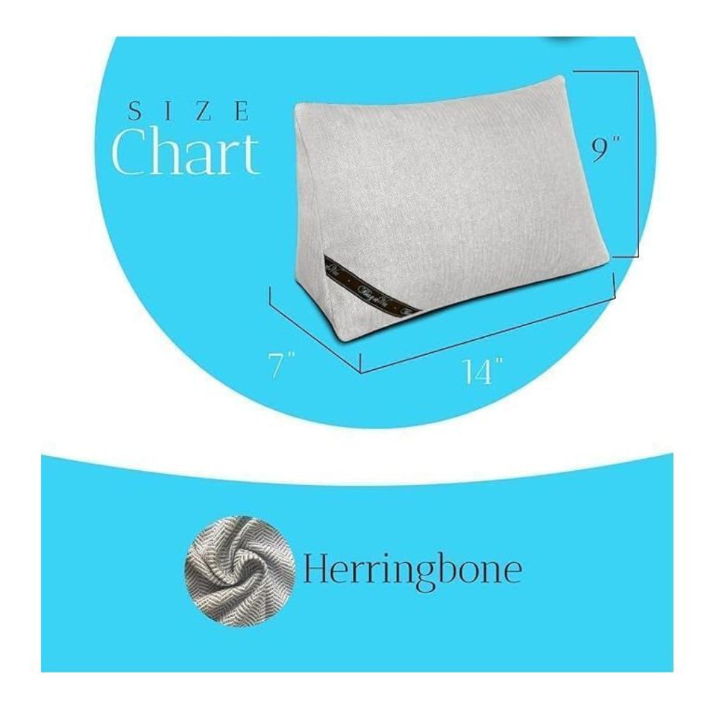 Bag-a-Vie purse shaper pillow size chart showing 14 by 9 by 7 inch dimensions and grey herringbone fabric texture