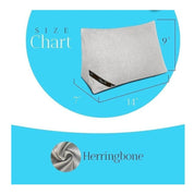 Bag-a-Vie purse shaper pillow size chart showing 14 by 9 by 7 inch dimensions and grey herringbone fabric texture