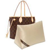 Bag-a-Vie beige purse shaper pillow insert for tote bags placed in front of a brown monogram luxury tote bag