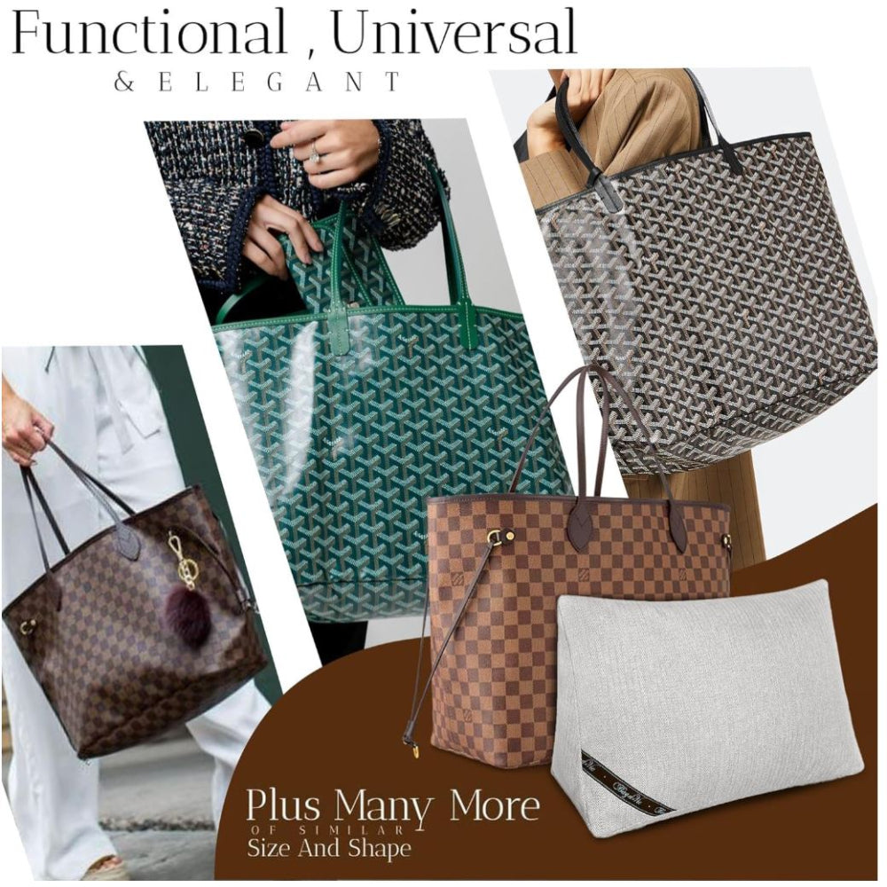Bag-a-Vie purse shaper pillow insert shown with various luxury designer tote bags to maintain shape and structure.