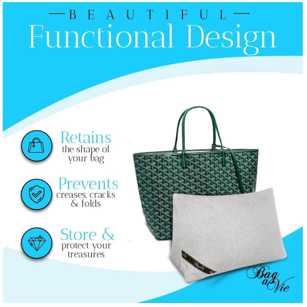 Bag-a-Vie purse shaper pillow in grey fabric next to a green tote bag to maintain shape and prevent creases