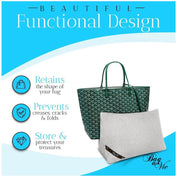 Bag-a-Vie purse shaper pillow in grey fabric next to a green tote bag to maintain shape and prevent creases