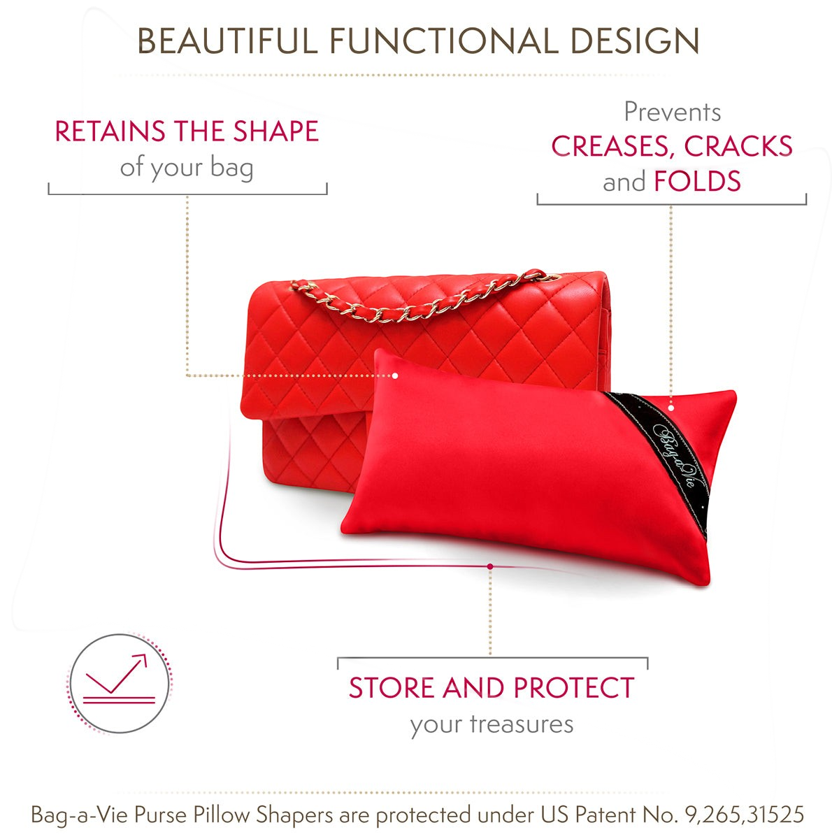 Bag-a-Vie red handbag storage pillow shaper maintaining the shape of a quilted red purse with text overlays
