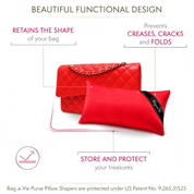 Bag-a-Vie red handbag storage pillow shaper maintaining the shape of a quilted red purse with text overlays
