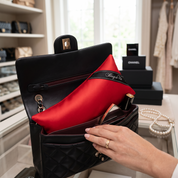 Bag-a-Vie red satin handbag shaper pillow inside a black quilted designer bag to maintain shape and absorb moisture