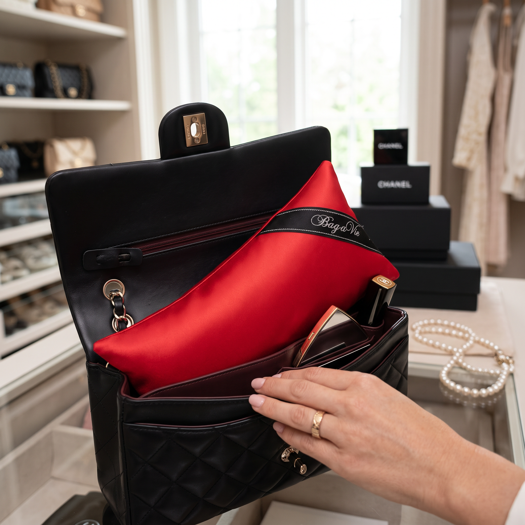Bag-a-Vie red satin handbag shaper pillow inside a black quilted designer bag to maintain shape and absorb moisture